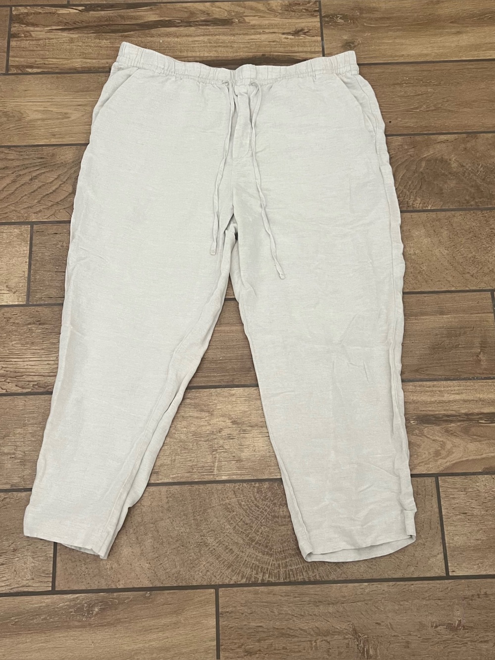 H&M Women's sz L White Linen Blend Drawstring Wide Leg Pants High Rise Summer